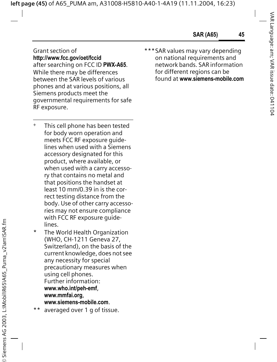 Siemens A65 User Manual | Page 46 / 58