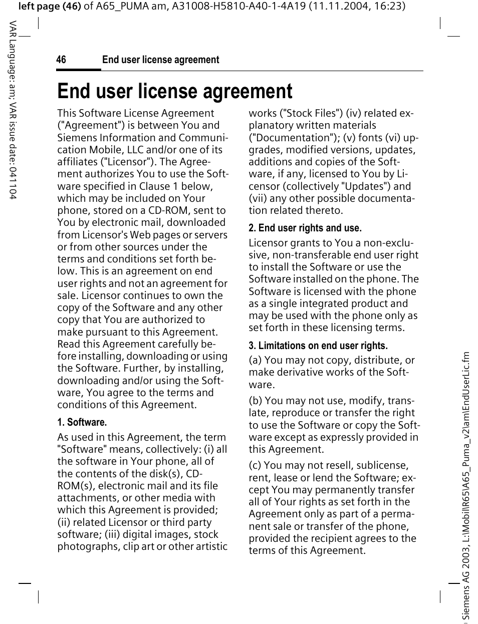 End user license agreement | Siemens A65 User Manual | Page 47 / 58