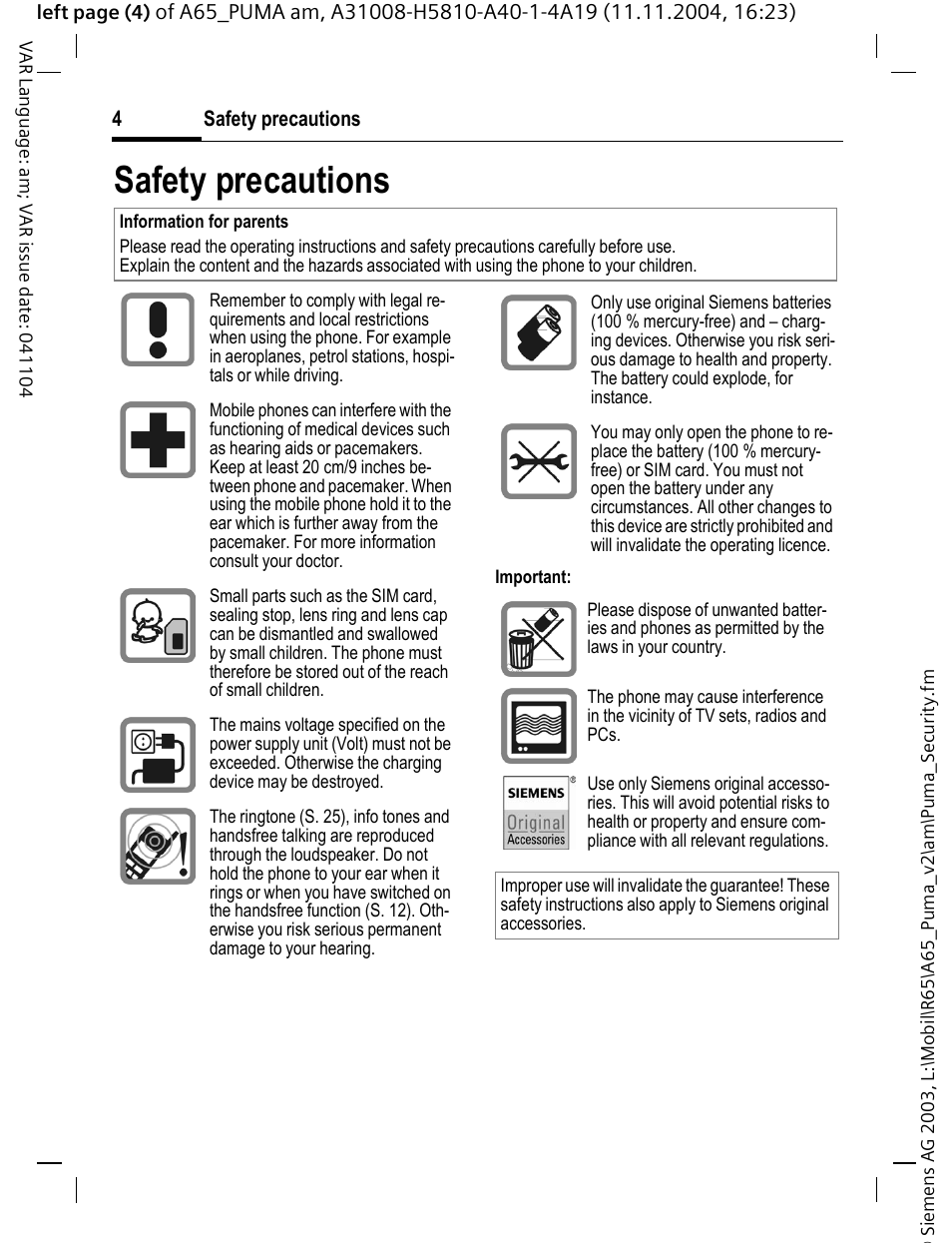 Safety precautions | Siemens A65 User Manual | Page 5 / 58