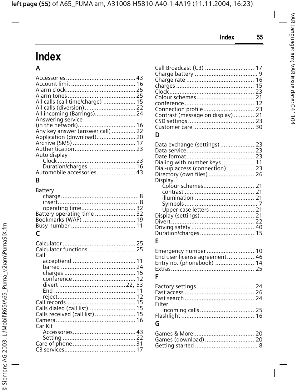 Index | Siemens A65 User Manual | Page 56 / 58