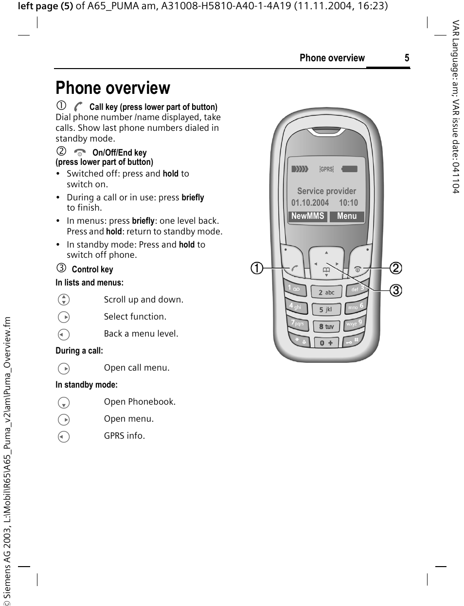 Phone overview | Siemens A65 User Manual | Page 6 / 58