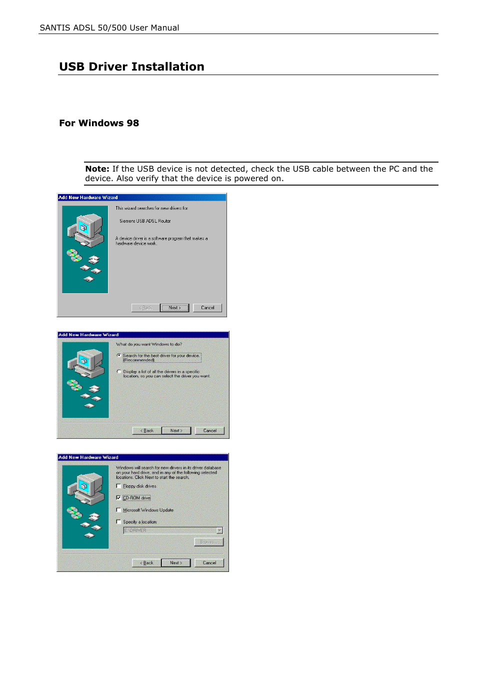 Usb driver installation | Siemens ADSL 500 User Manual | Page 12 / 78