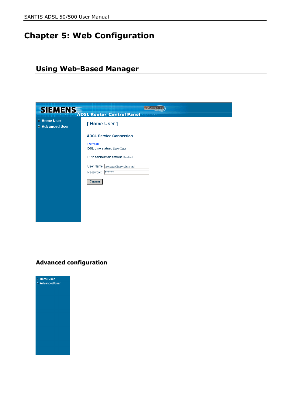 Chapter 5: web configuration, Using web-based manager | Siemens ADSL 500 User Manual | Page 48 / 78