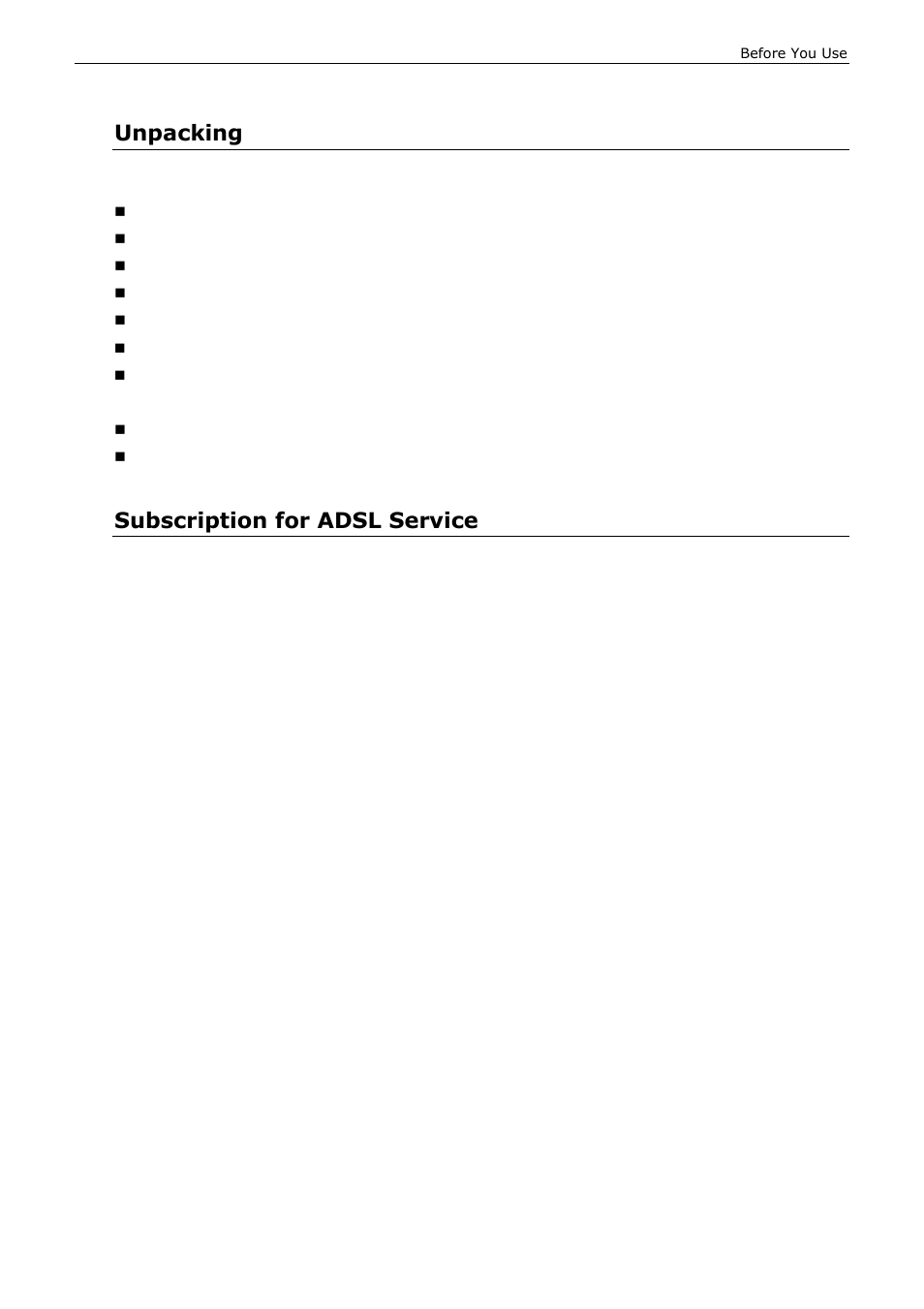 Unpacking, Subscription for adsl service | Siemens ADSL 500 User Manual | Page 7 / 78