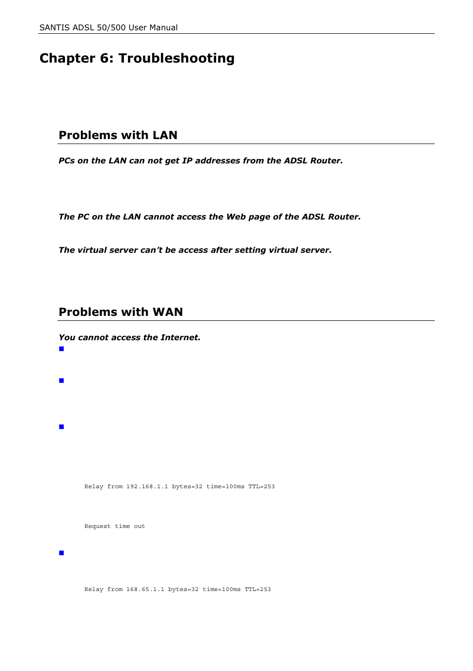 Chapter 6: troubleshooting, Problems with lan, Problems with wan | Siemens ADSL 500 User Manual | Page 72 / 78