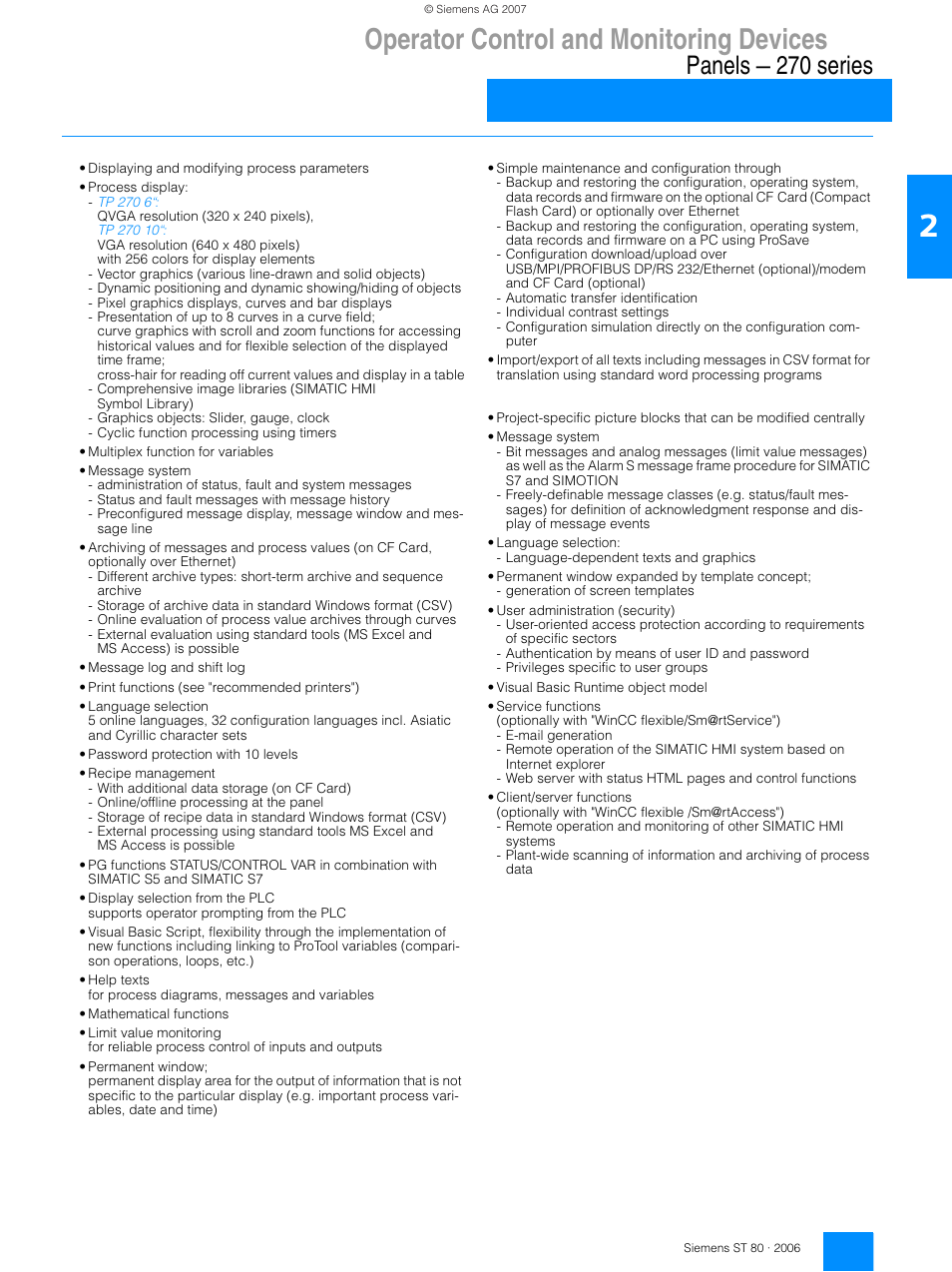 Operator control and monitoring devices, Panels — 270 series | Siemens Operating Control and Monitoring Devices 270 User Manual | Page 2 / 16