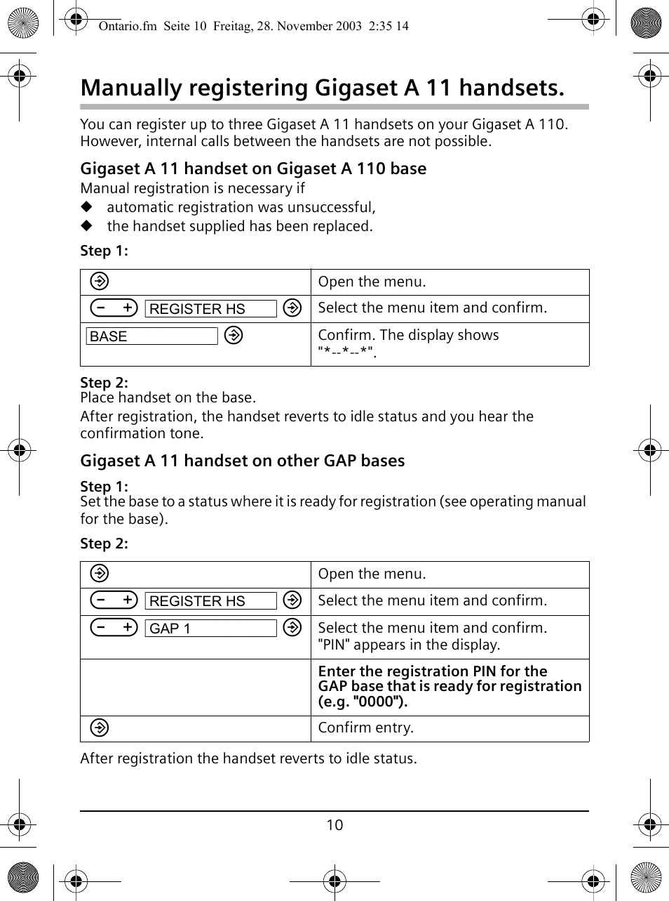 Manually registering gigaset a 11 handsets | Siemens A110 User Manual | Page 10 / 16