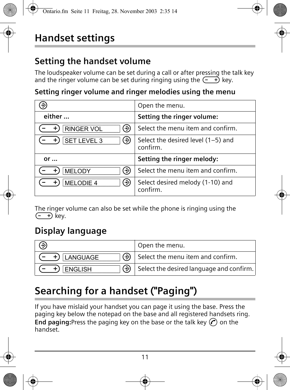 Setting the handset volume, Display language, Searching for a handset ("paging") | Handset settings | Siemens A110 User Manual | Page 11 / 16