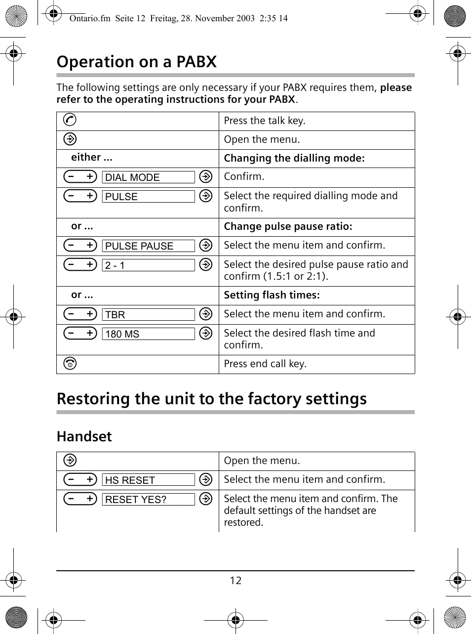 Restoring the unit to the factory settings, Handset, Operation on a pabx | Siemens A110 User Manual | Page 12 / 16