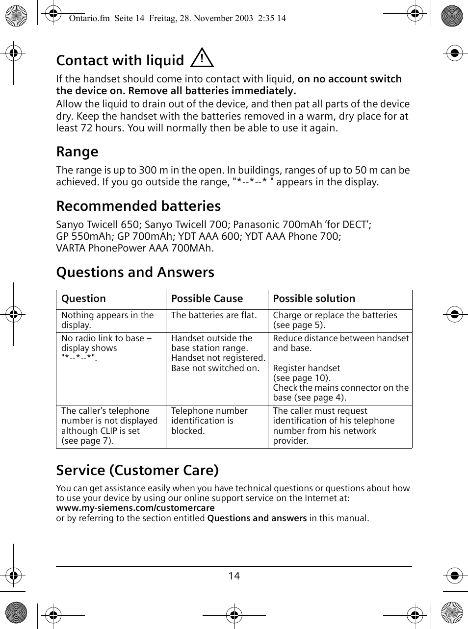 Range, Recommended batteries, Questions and answers | Service (customer care), Contact with liquid, Questions and answers service (customer care) | Siemens A110 User Manual | Page 14 / 16