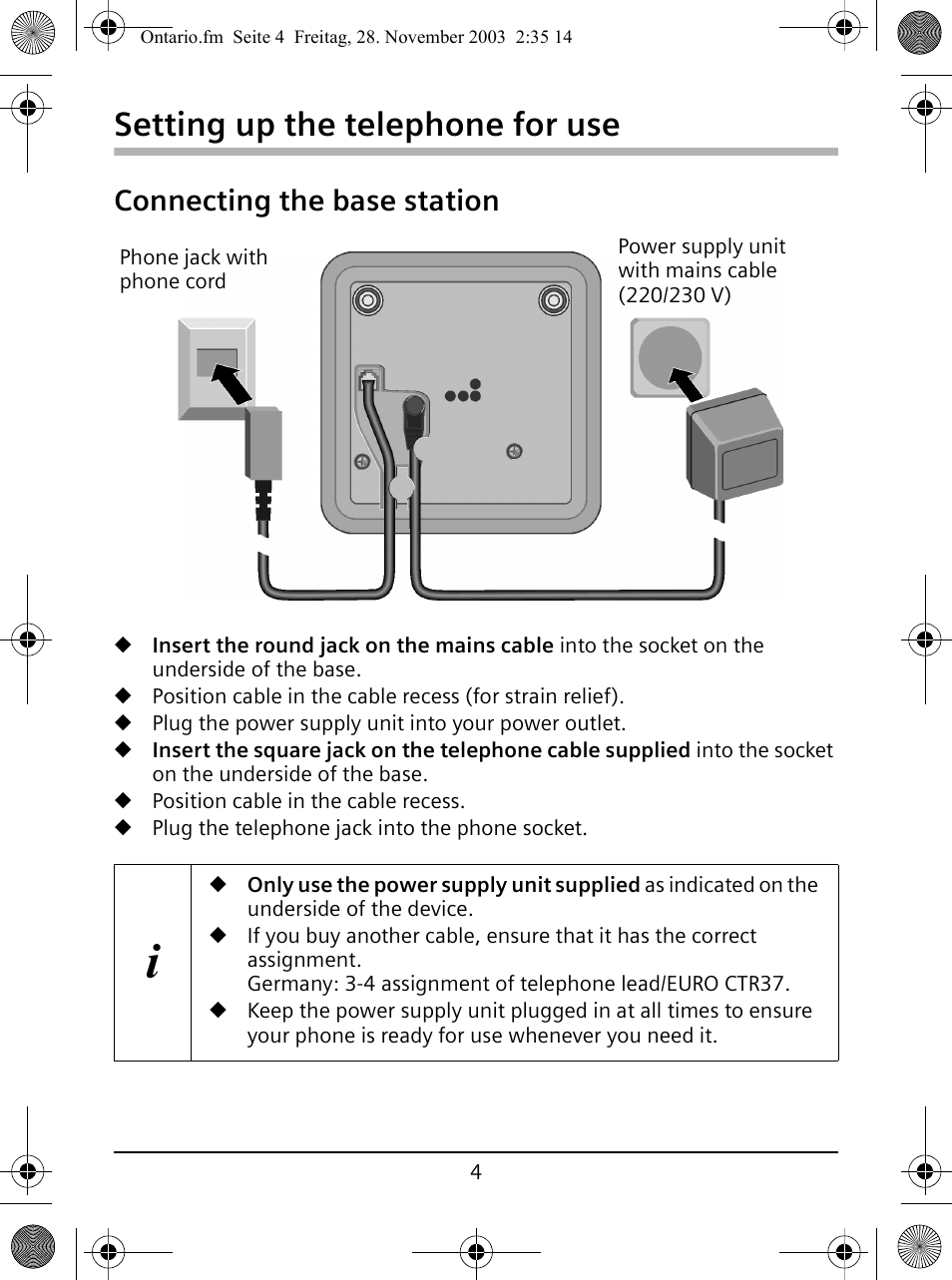 Setting up the telephone for use, Connecting the base station | Siemens A110 User Manual | Page 4 / 16