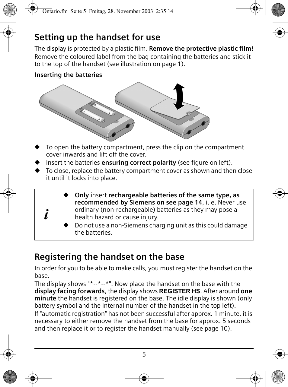 Registering the handset on the base, Setting up the handset for use | Siemens A110 User Manual | Page 5 / 16