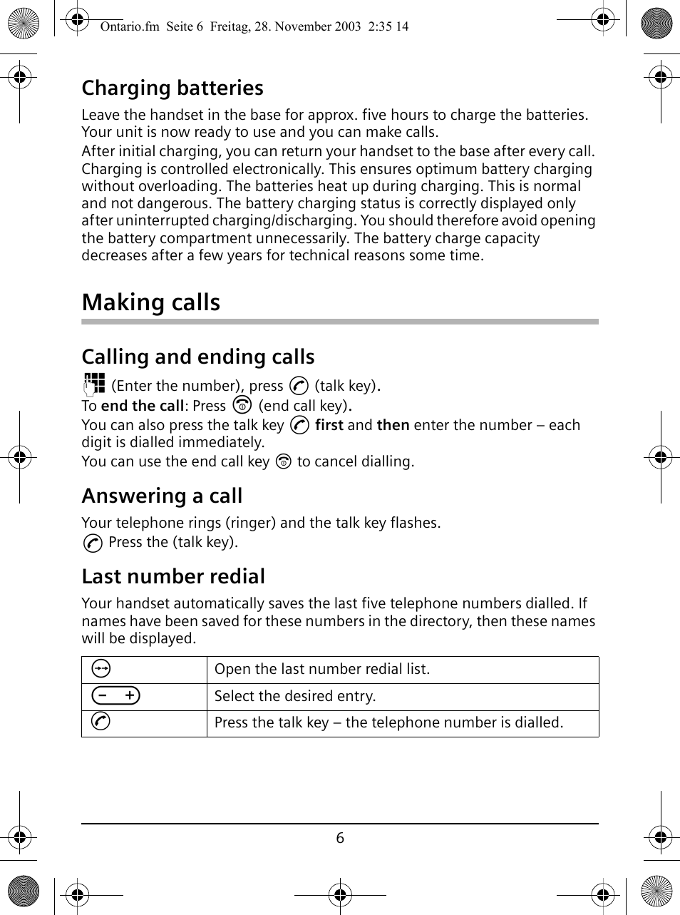 Charging batteries, Making calls, Calling and ending calls | Answering a call, Last number redial | Siemens A110 User Manual | Page 6 / 16