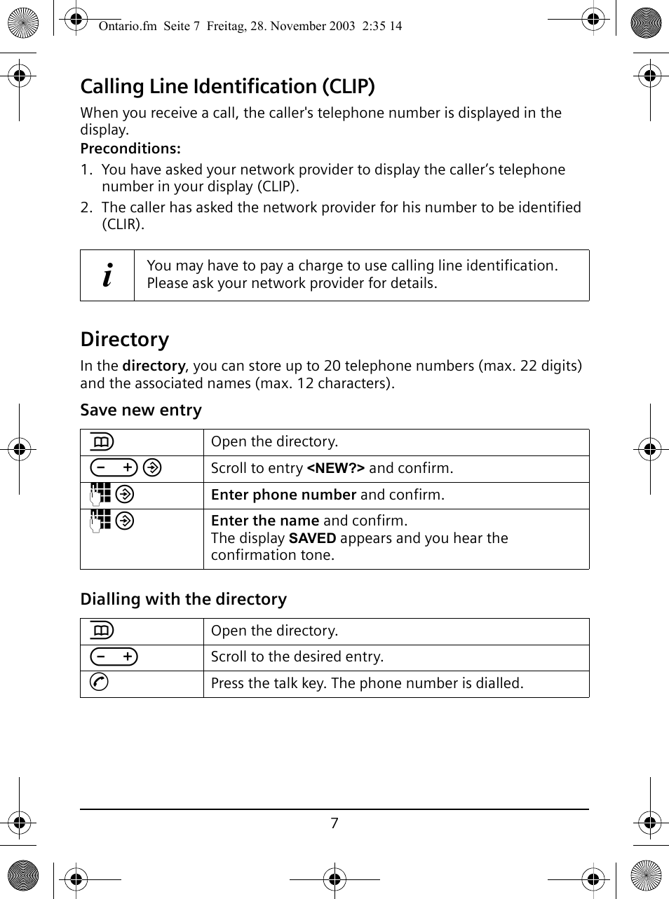 Directory, Calling line identification (clip) | Siemens A110 User Manual | Page 7 / 16