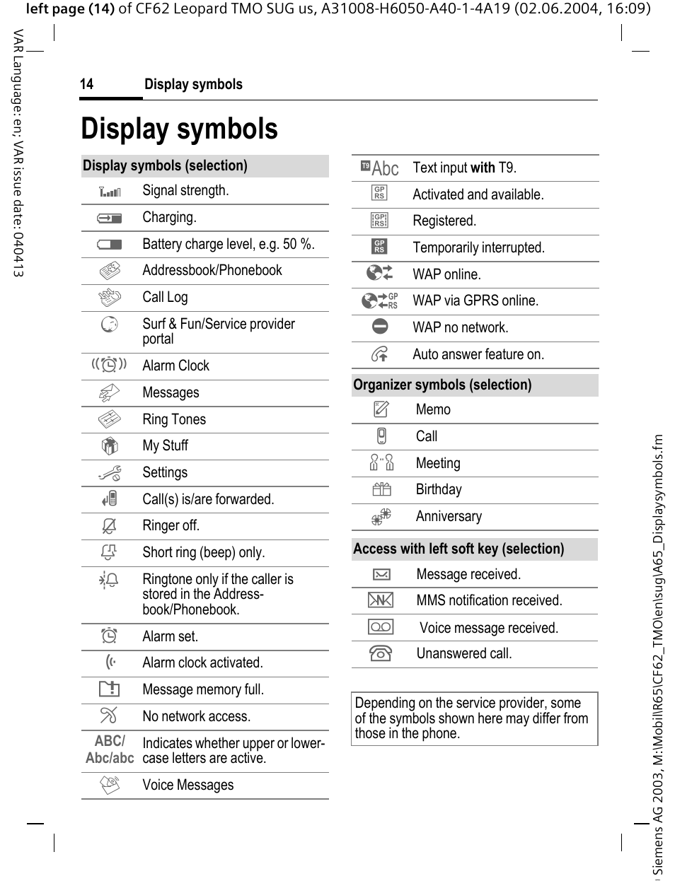 Display symbols | Siemens Mobile User Manual | Page 14 / 99