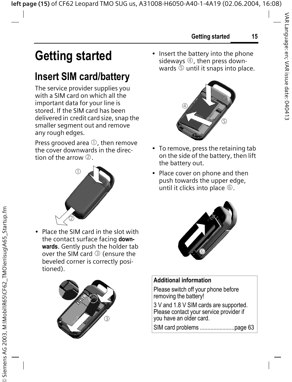 Getting started, Insert sim card/battery | Siemens Mobile User Manual | Page 15 / 99