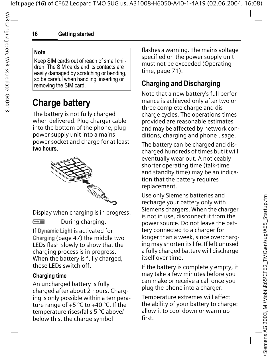 Charge battery, Charging and discharging | Siemens Mobile User Manual | Page 16 / 99