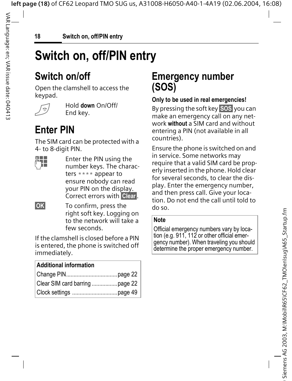 Switch on, off/pin entry, Emergency number (sos), Switch on/off | Enter pin | Siemens Mobile User Manual | Page 18 / 99