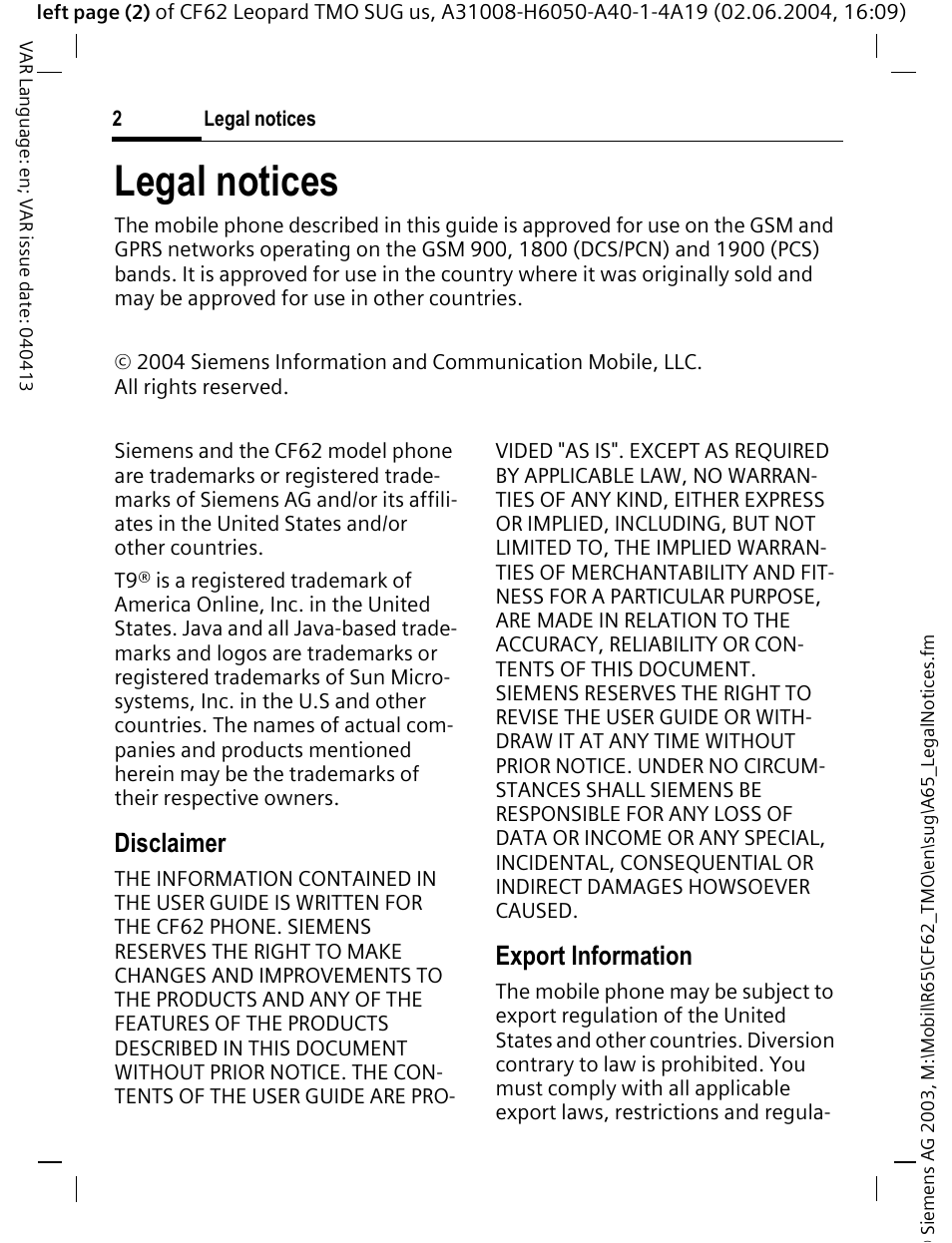 Legal notices, Disclaimer, Export information | Siemens Mobile User Manual | Page 2 / 99