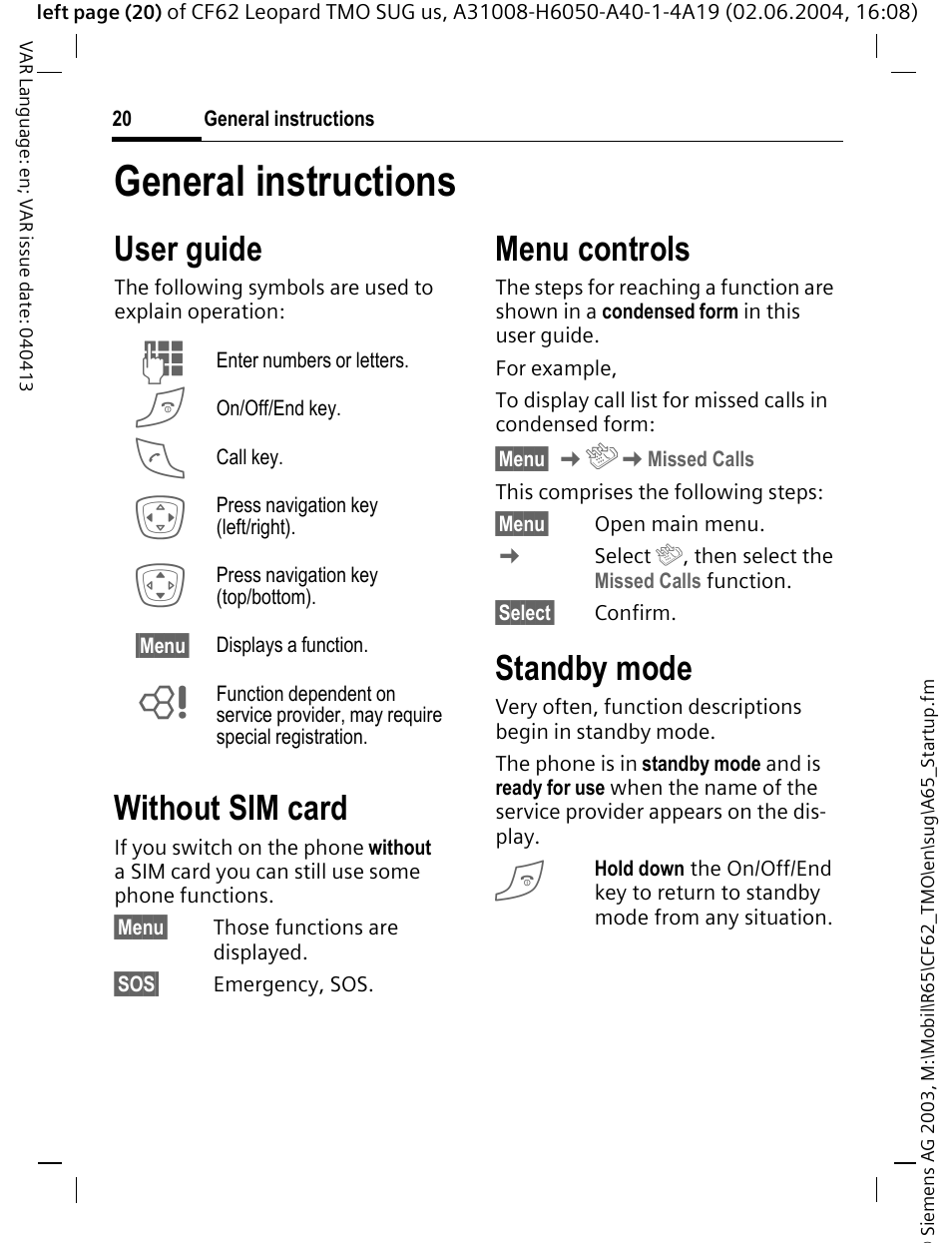 General instructions, User guide, Without sim card | Menu controls, Standby mode | Siemens Mobile User Manual | Page 20 / 99