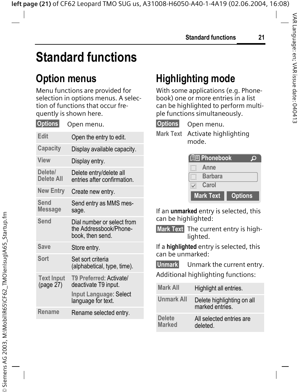 Standard functions, Option menus, Highlighting mode | Siemens Mobile User Manual | Page 21 / 99