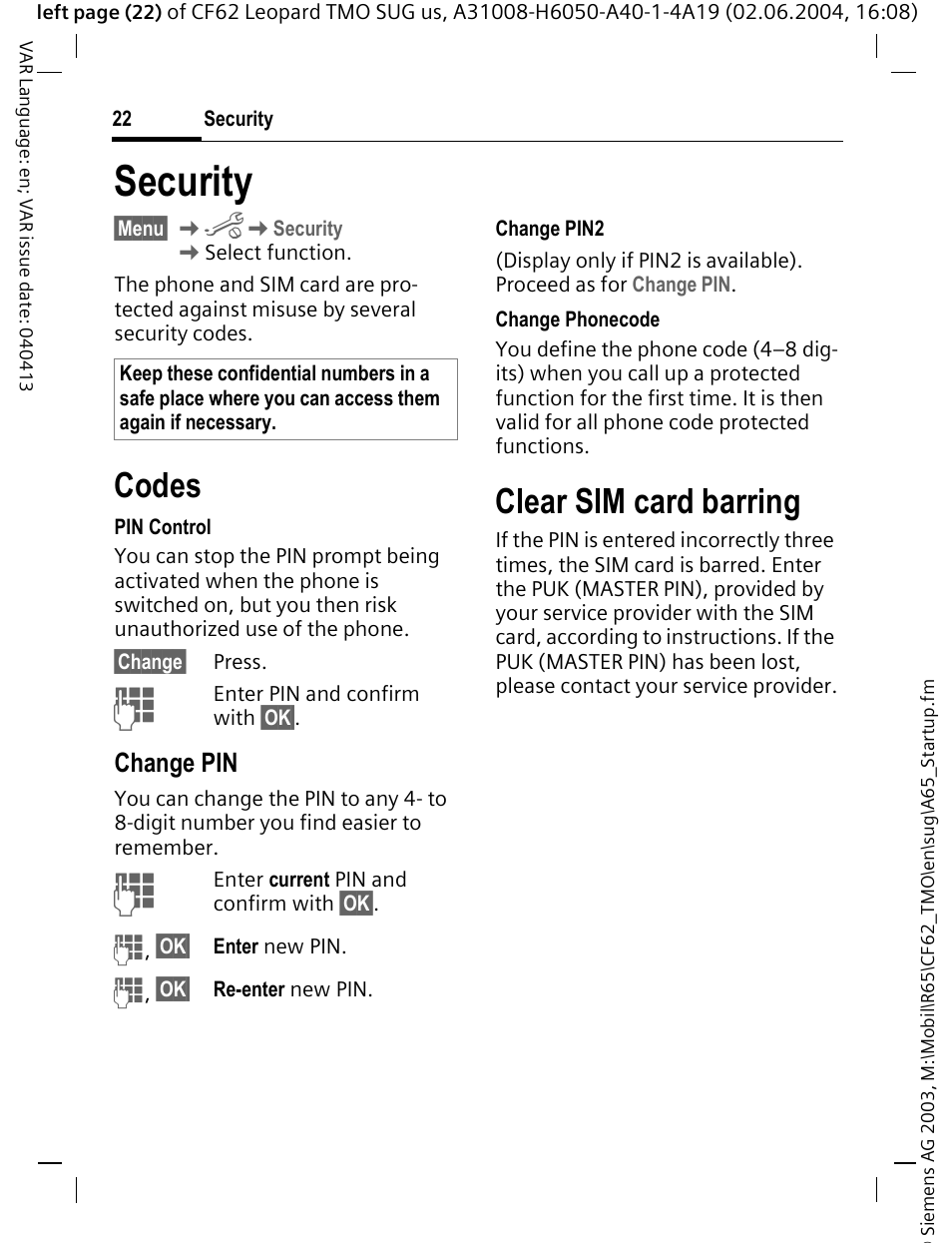 Security, Codes, Clear sim card barring | Change pin | Siemens Mobile User Manual | Page 22 / 99