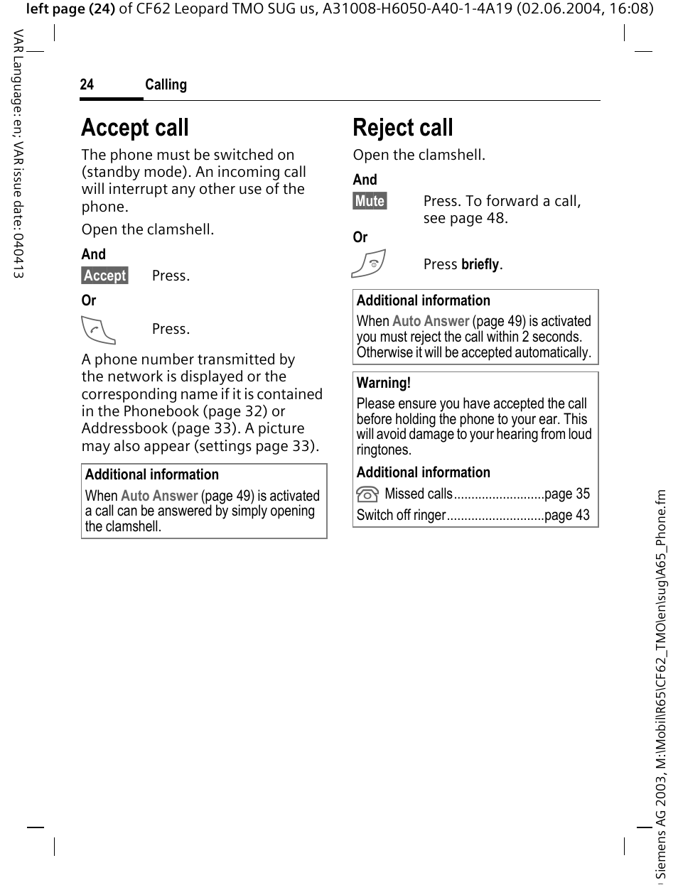 Accept call, Reject call | Siemens Mobile User Manual | Page 24 / 99