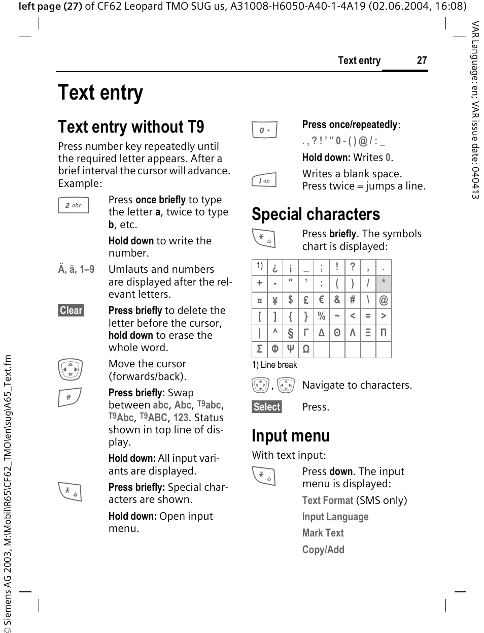 Text entry, Text entry without t9, Special characters | Input menu | Siemens Mobile User Manual | Page 27 / 99