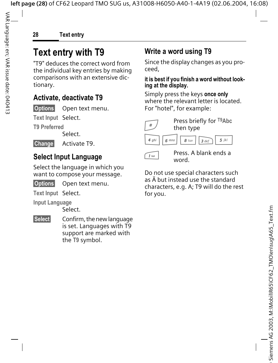 Text entry with t9, Activate, deactivate t9, Select input language | Write a word using t9 | Siemens Mobile User Manual | Page 28 / 99