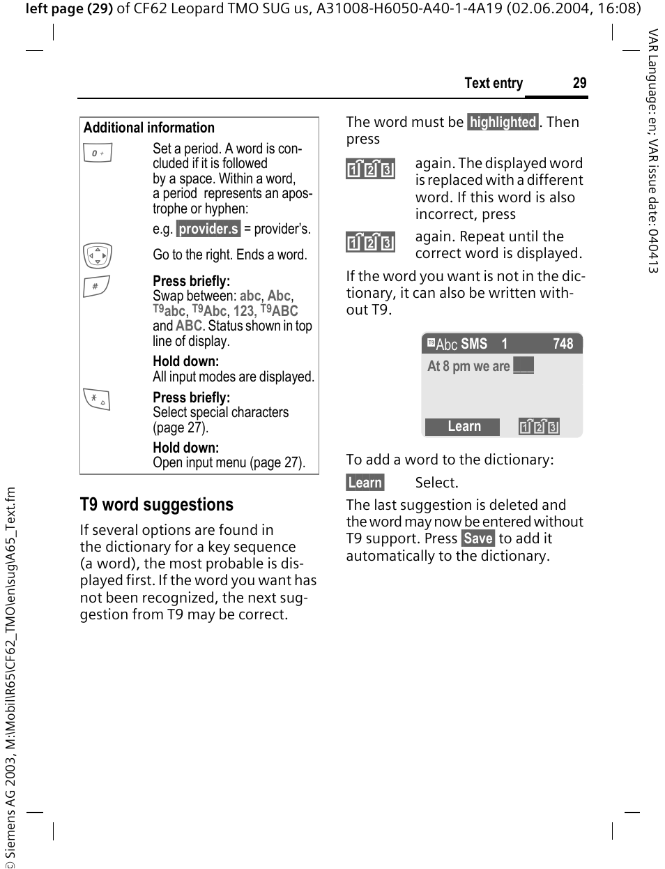 T9 word suggestions | Siemens Mobile User Manual | Page 29 / 99