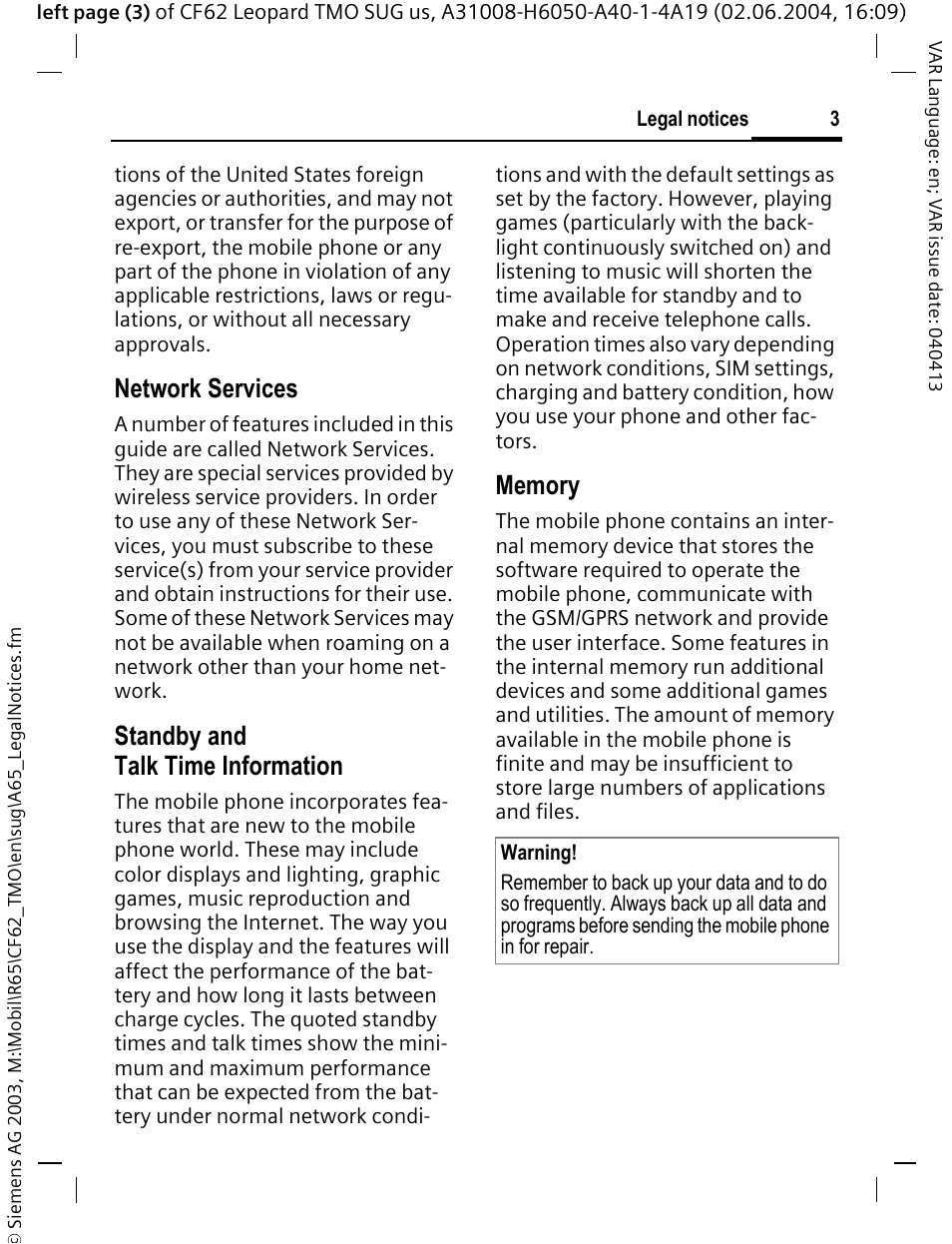 Network services, Standby and talk time information | Siemens Mobile User Manual | Page 3 / 99