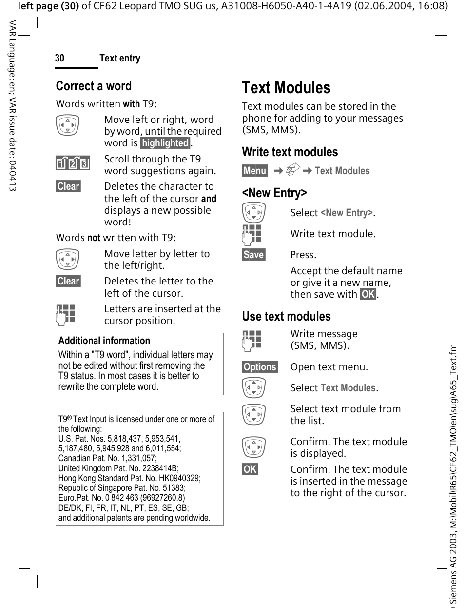 Text modules, Correct a word, Write text modules | New entry, Use text modules | Siemens Mobile User Manual | Page 30 / 99