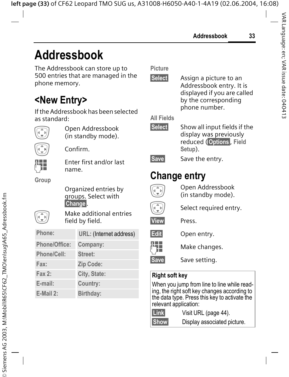 Addressbook, New entry, Change entry | Siemens Mobile User Manual | Page 33 / 99