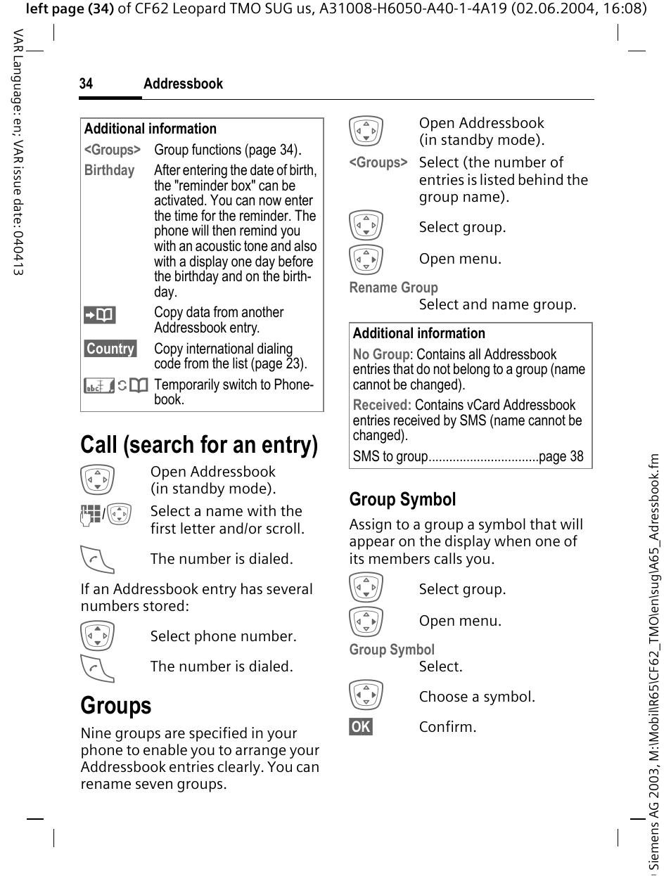 Call (search for an entry), Groups | Siemens Mobile User Manual | Page 34 / 99