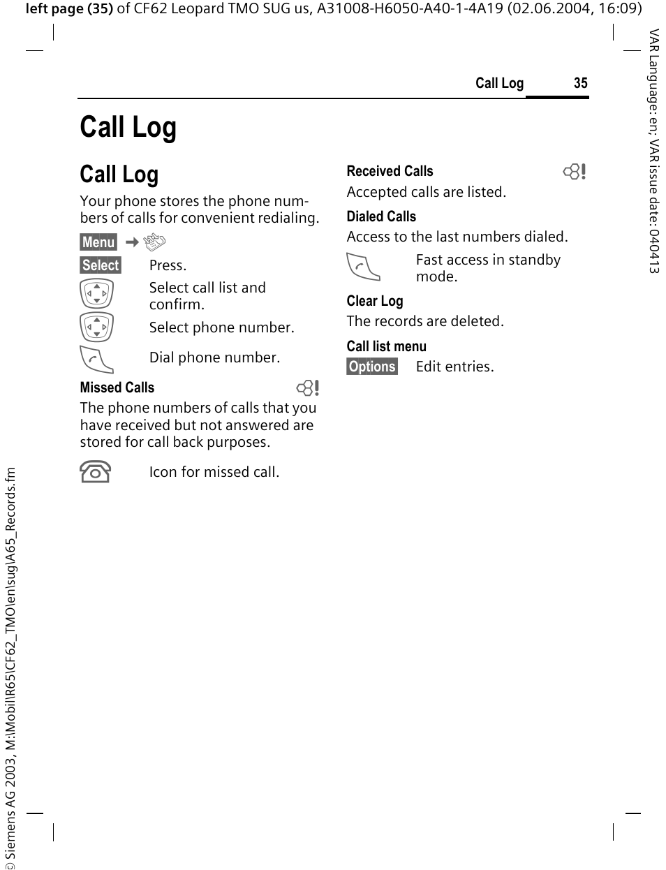 Call log | Siemens Mobile User Manual | Page 35 / 99