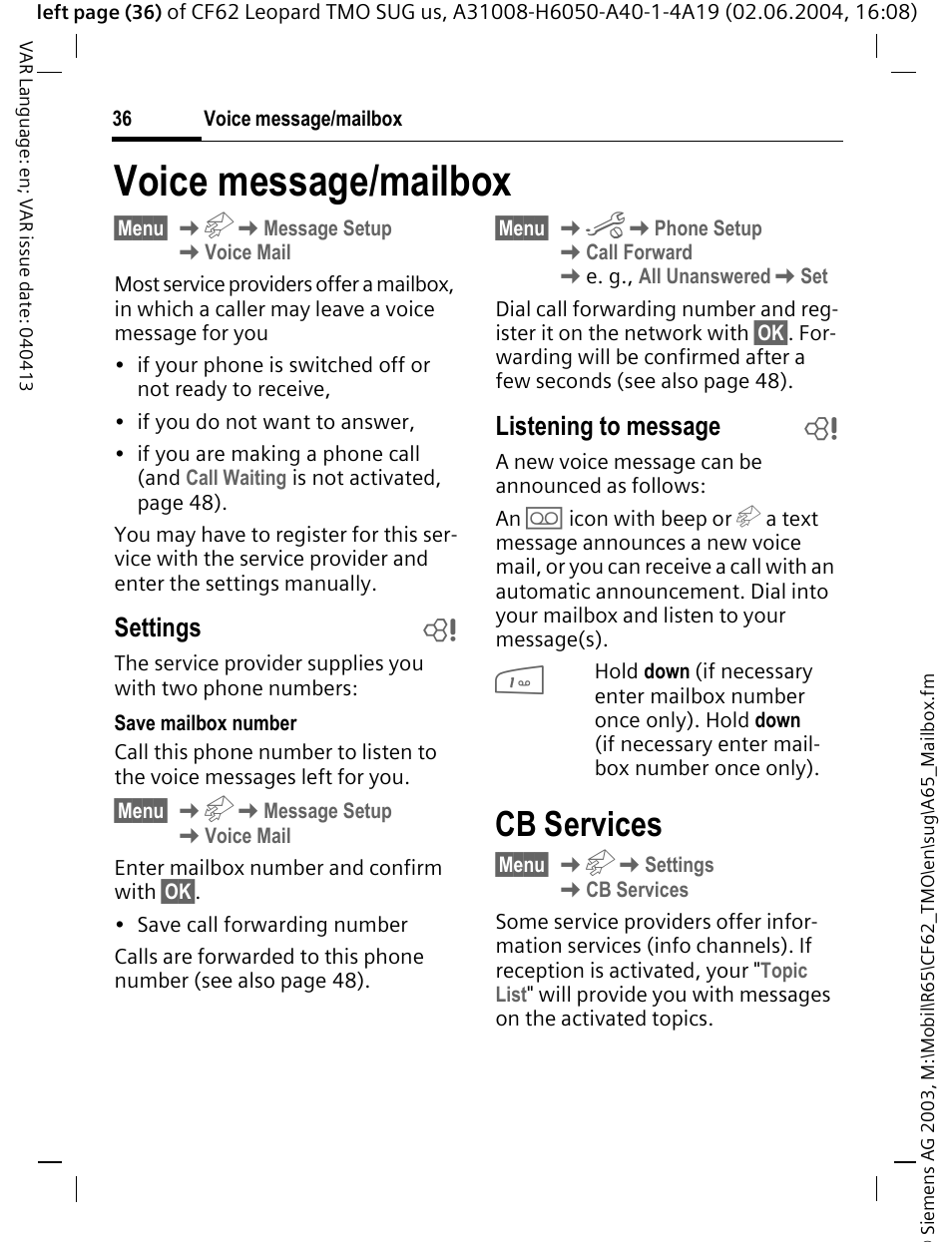 Voice message/mailbox, Cb services, Settings b | Listening to message b | Siemens Mobile User Manual | Page 36 / 99