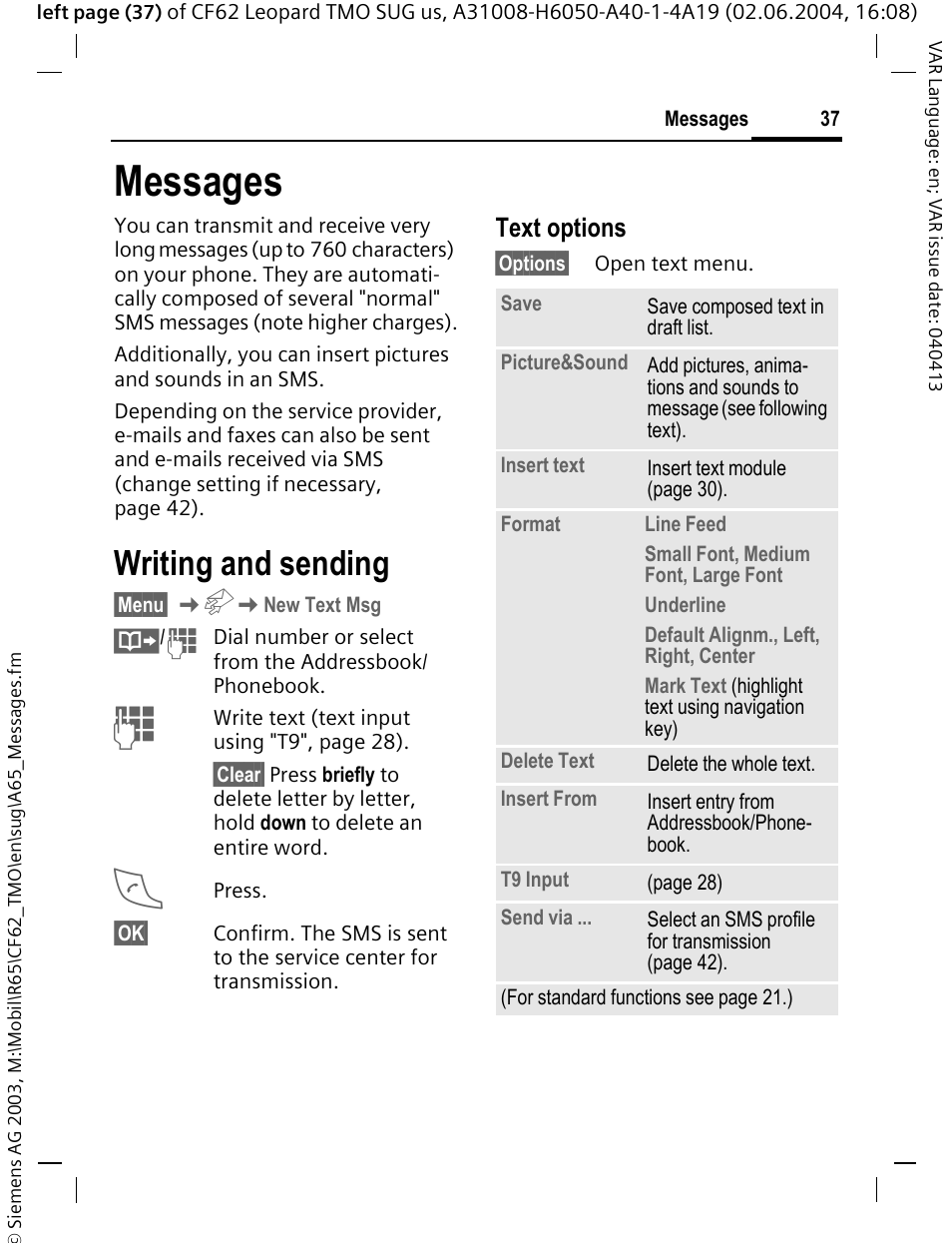 Messages, Writing and sending, Text options | Siemens Mobile User Manual | Page 37 / 99