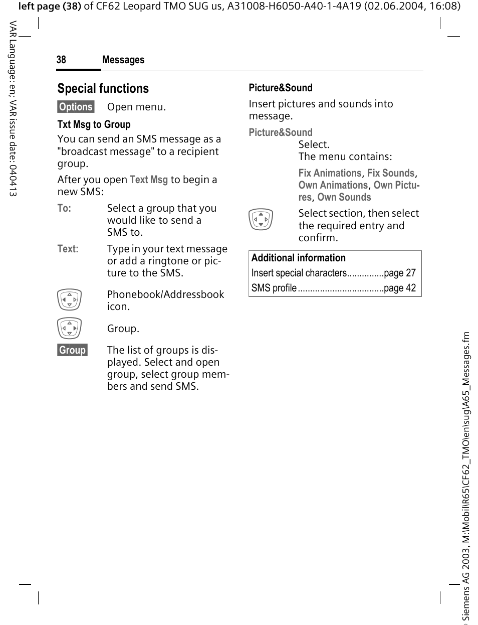 Special functions | Siemens Mobile User Manual | Page 38 / 99