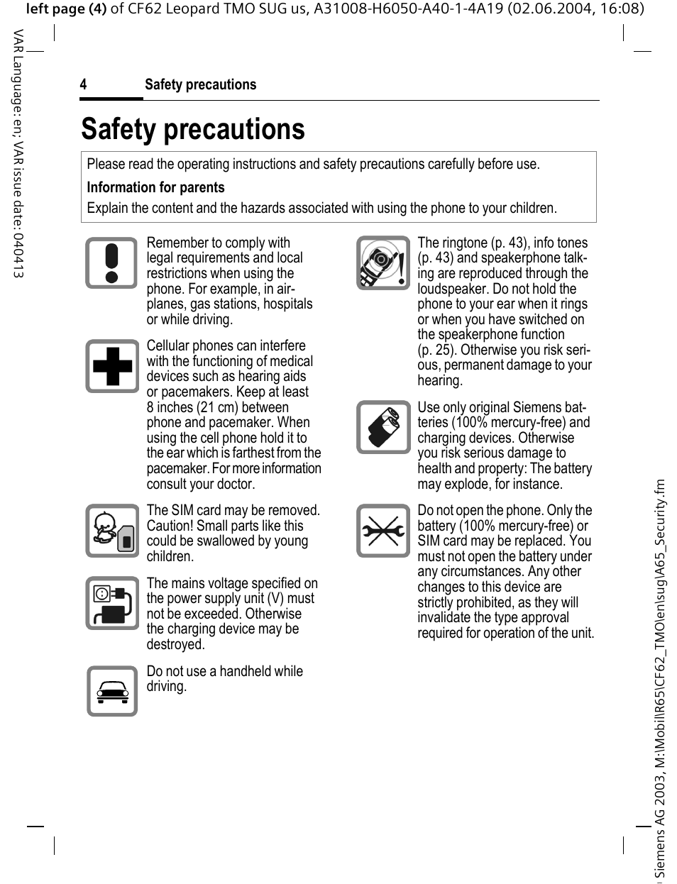 Safety precautions | Siemens Mobile User Manual | Page 4 / 99