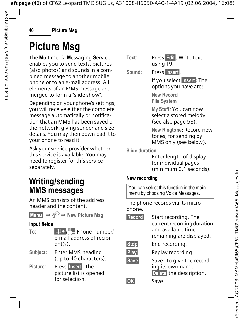 Picture msg, Writing/sending mms messages | Siemens Mobile User Manual | Page 40 / 99