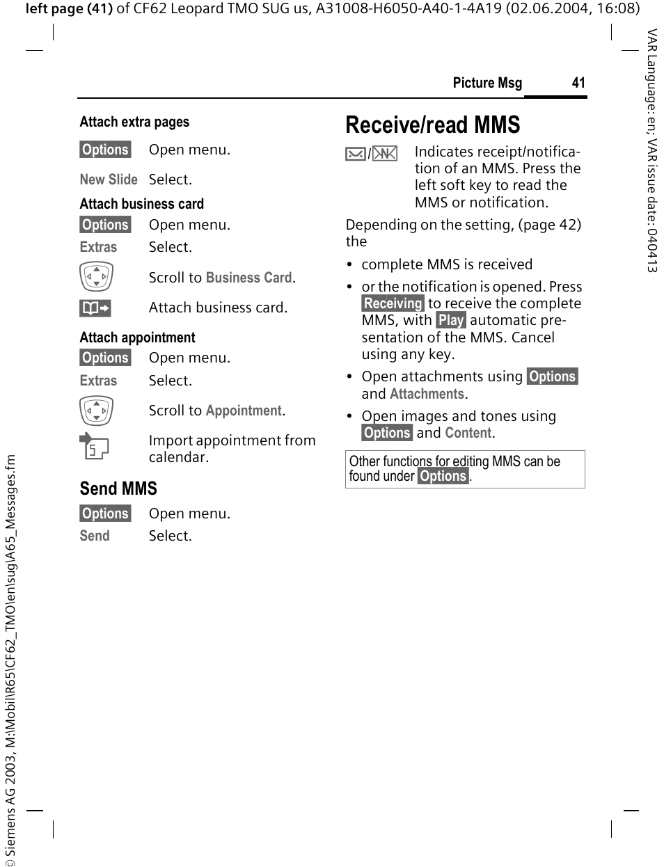 Receive/read mms, Send mms | Siemens Mobile User Manual | Page 41 / 99