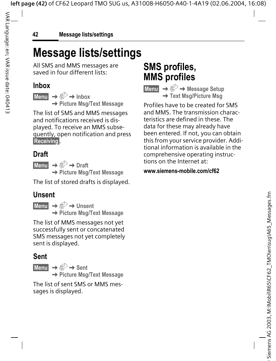 Message lists/settings, Sms profiles, mms profiles | Siemens Mobile User Manual | Page 42 / 99