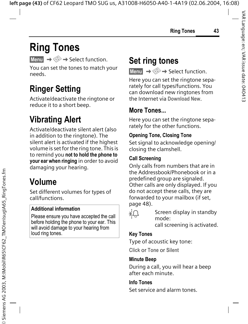 Ring tones, Ringer setting, Vibrating alert | Volume, Set ring tones, More tones | Siemens Mobile User Manual | Page 43 / 99