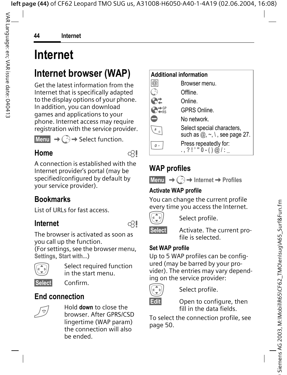 Internet, Internet browser (wap) | Siemens Mobile User Manual | Page 44 / 99