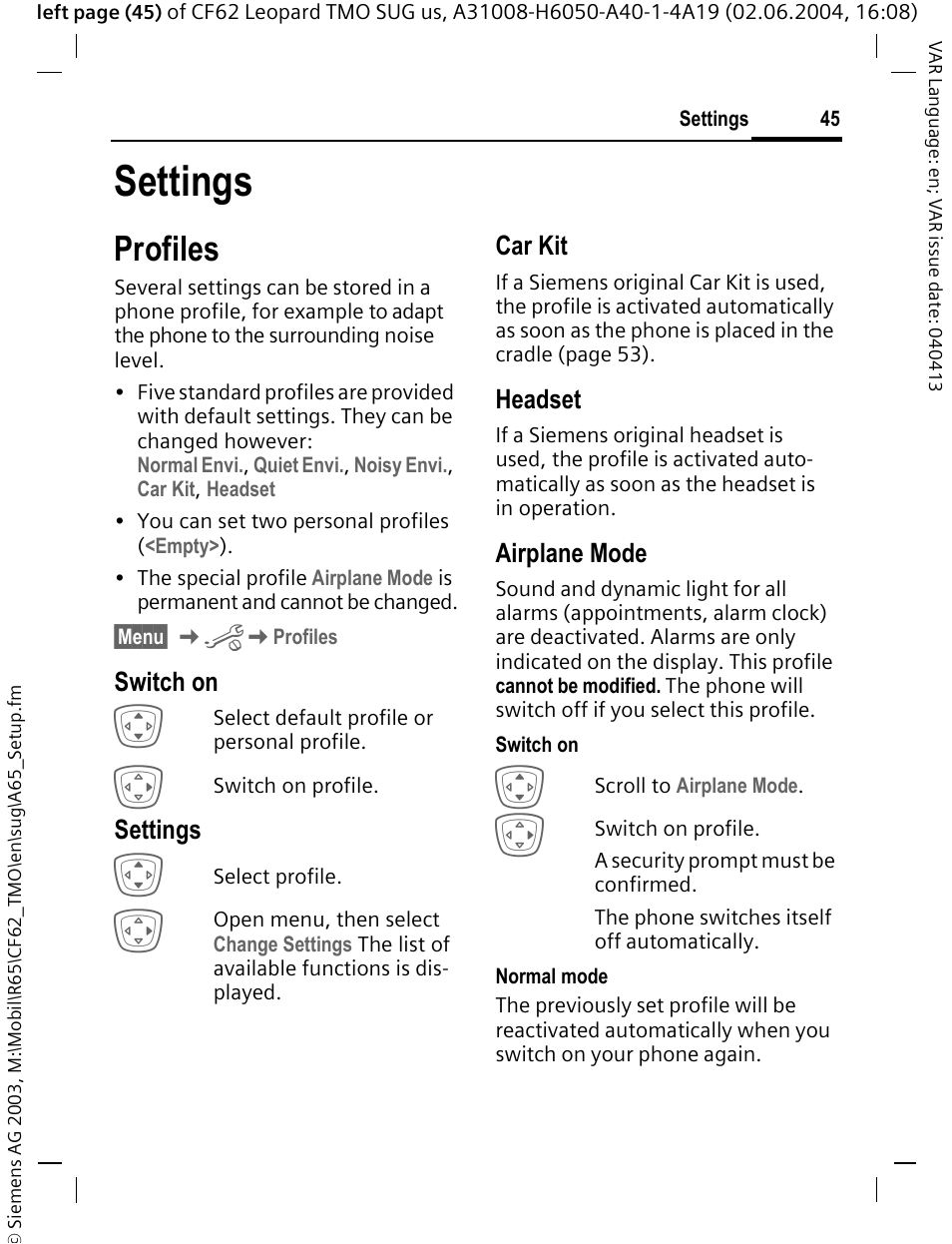 Settings, Profiles, Switch on | Car kit, Headset, Airplane mode | Siemens Mobile User Manual | Page 45 / 99