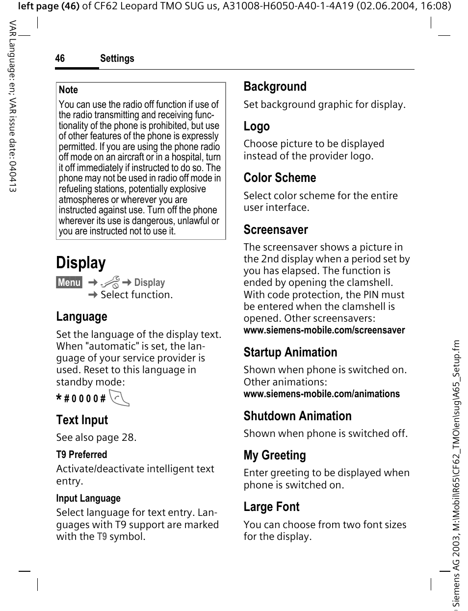 Display, Language, Text input | Background, Logo, Color scheme, Screensaver, Startup animation, Shutdown animation, My greeting | Siemens Mobile User Manual | Page 46 / 99