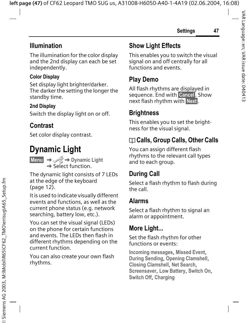 Dynamic light, Illumination, Contrast | Show light effects, Play demo, Brightness, Calls, group calls, other calls, During call, Alarms, More light | Siemens Mobile User Manual | Page 47 / 99