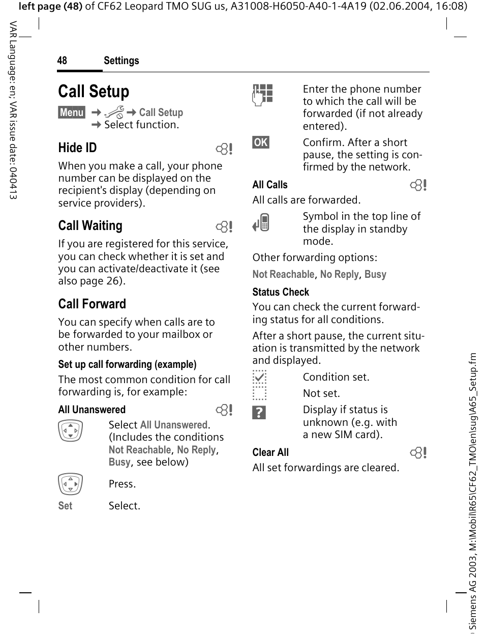 Call setup, Hide id b, Call waiting b | Call forward | Siemens Mobile User Manual | Page 48 / 99