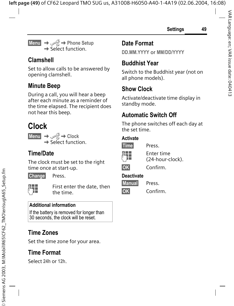 Clock, Clamshell, Minute beep | Time/date, Time zones, Time format, Date format, Buddhist year, Show clock, Automatic switch off | Siemens Mobile User Manual | Page 49 / 99