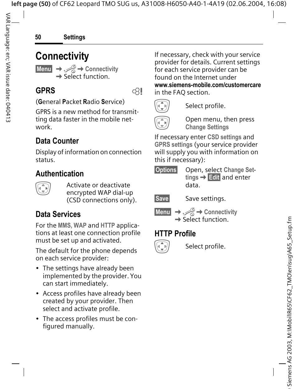 Connectivity, Gprs b, Data counter | Authentication, Data services | Siemens Mobile User Manual | Page 50 / 99